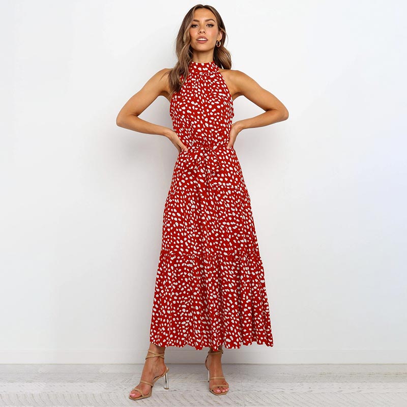 OUSLEE Summer Casual Long Dress Boho Style Halter Polka Dot Dresses Women Elegant Party Print Maxi Dresses Ladies Vestidos Mujer