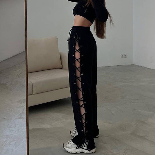 summer style street all slim side slit lacing with hollow-out wide-leg track bottoms women