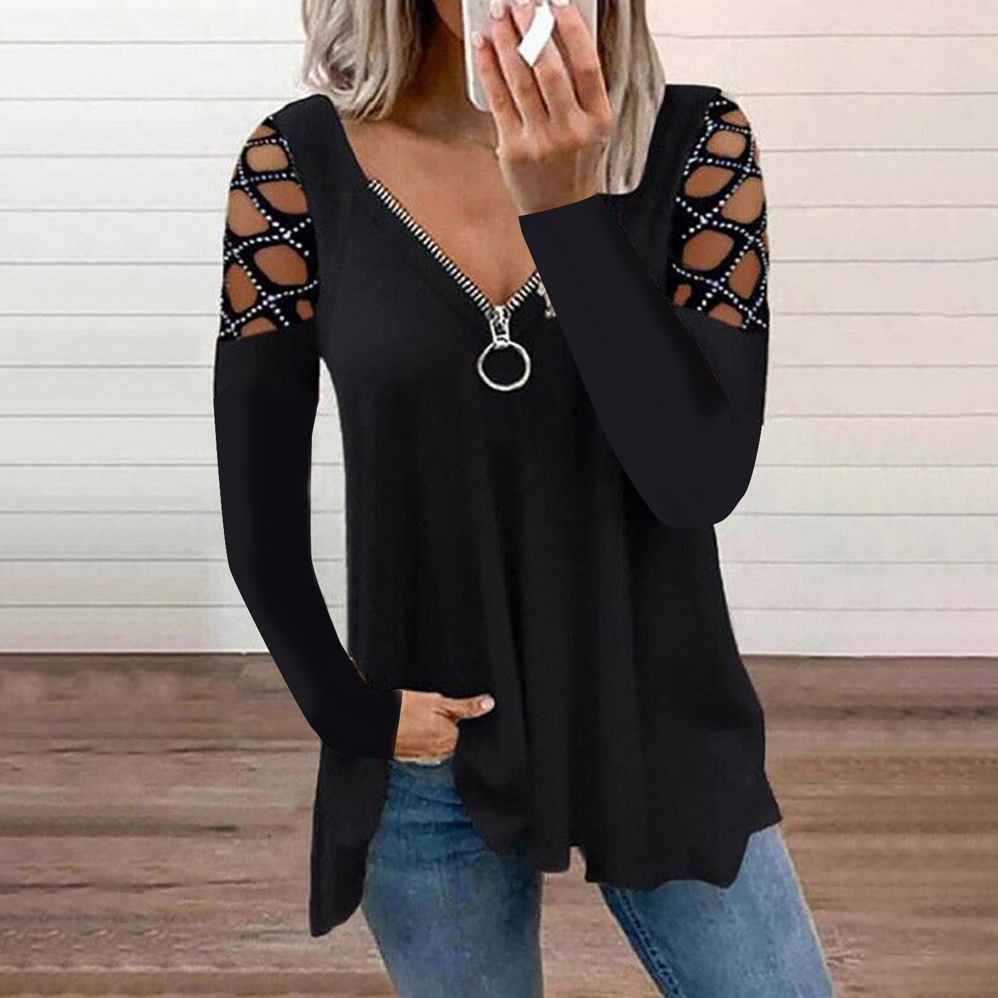 Womens laced arm half zipper top