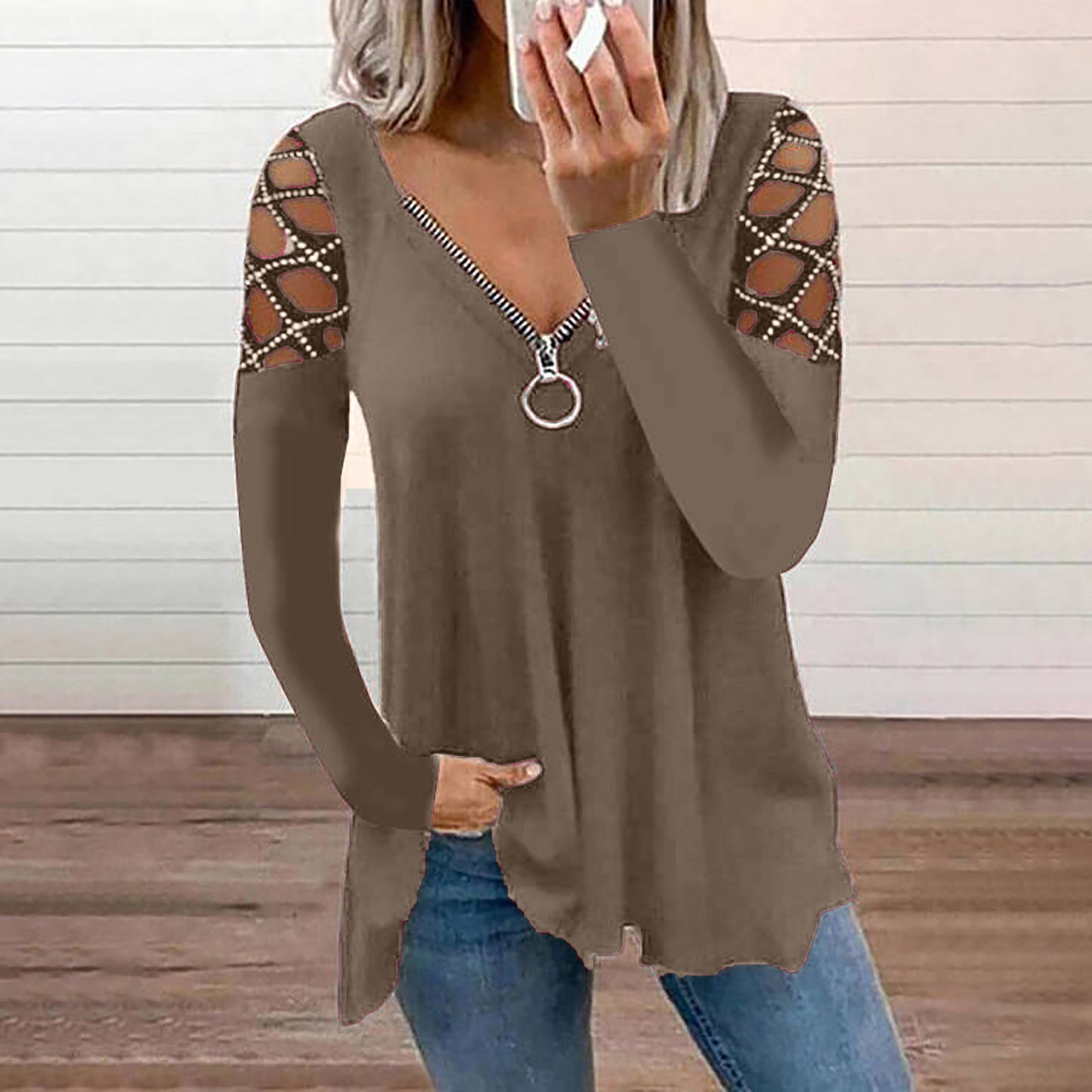 Womens laced arm half zipper top