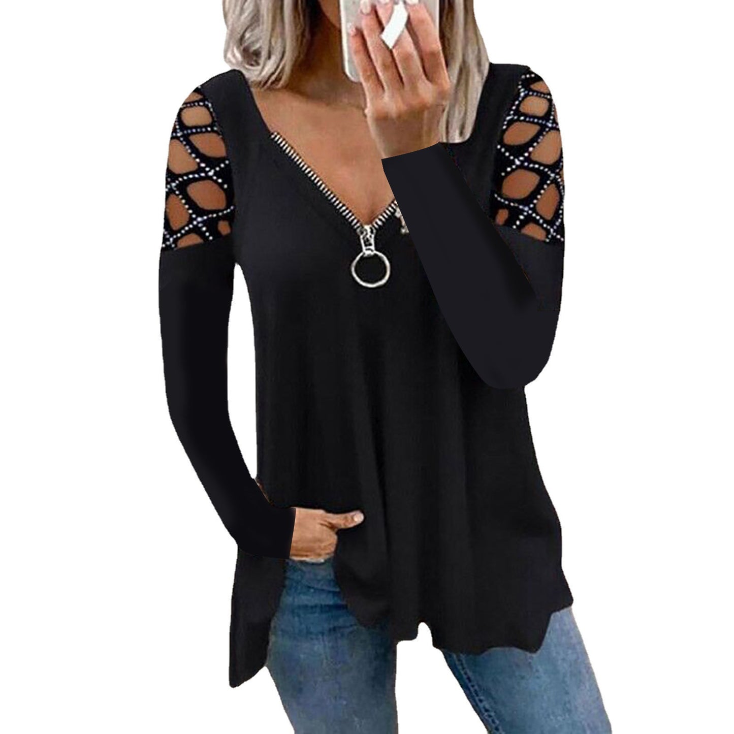 Womens laced arm half zipper top